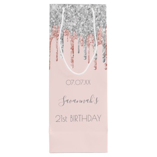Birthday roos goudroze glitter zilver wijn cadeautas (Achterkant)