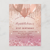 Birthday roos goudroze glitterballonnen uitnodiging briefkaart (Voorkant)