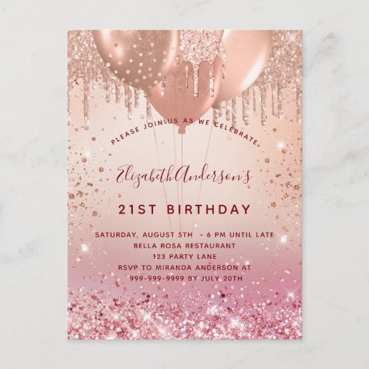 Birthday roos goudroze glitterballonnen uitnodiging briefkaart (Voorkant)