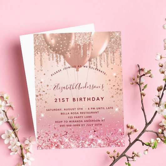 Birthday roos goudroze glitterballonnen uitnodiging briefkaart
