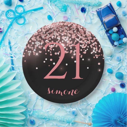 Birthday roos goudroze glitterglazuur 21st papieren bordje (Feest)