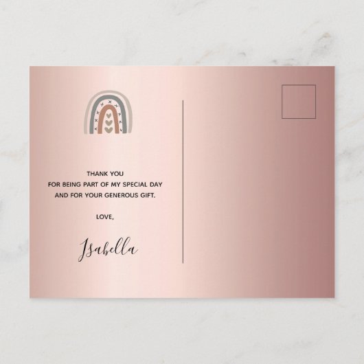 Birthday roos goudroze regenboog grijs dank u wel briefkaart (Achterkant)