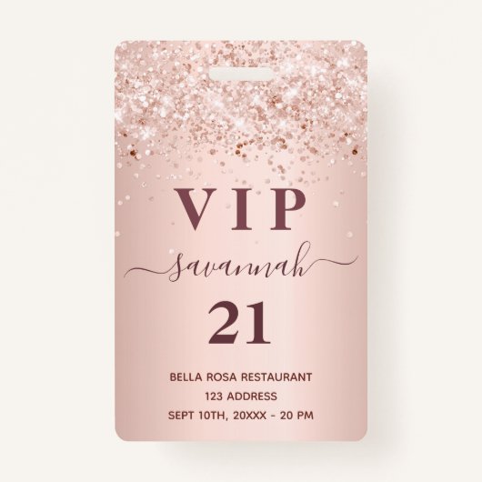 Birthday roos goudzige blesstof vip uitnodiging badge (Voorkant)