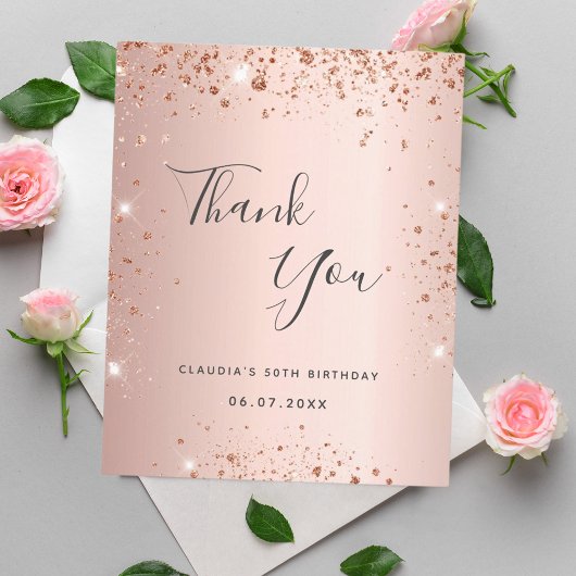 Birthday rose gold glitter thank you card
