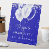 Birthday roya blue zilveren glitterballonnen welko reclamebord met voetstuk (Insitu)