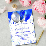 Birthday royal blue ballonnen luxe kaart<br><div class="desc">Een witte achtergrond. Gedecorreerd met royal blue faux glitter druipt verf druppelend blik,  sparkles. Royal blue en faux zilveren ballonnen. Pas een naam en partijdetails aan en voeg deze toe. De naam wordt geschreven met een handgeschreven stijlmanuscript met letters.</div>