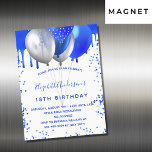 Birthday royal blue ballonnen luxe magnetische uitnodiging<br><div class="desc">Een witte achtergrond. Gedecorreerd met royal blue faux glitter druipt verf druppelend blik,  sparkles. Royal blue en faux zilveren ballonnen. Pas een naam en partijdetails aan en voeg deze toe. De naam wordt geschreven met een handgeschreven stijlmanuscript met letters.</div>