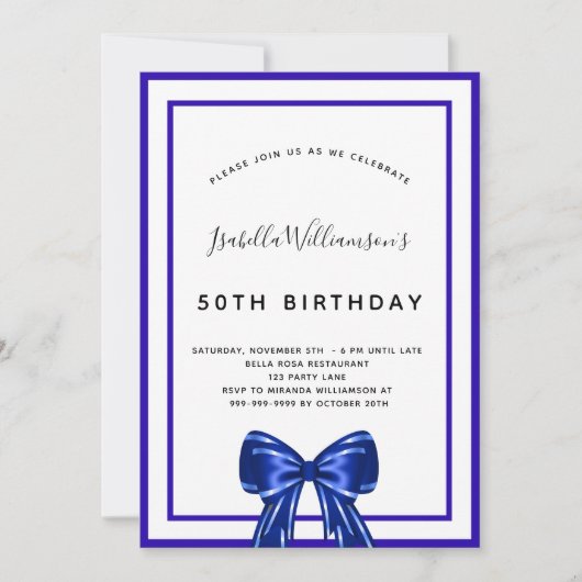 Birthday royal blue elegant bow script kaart (Voorkant)