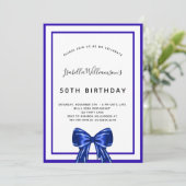 Birthday royal blue elegant bow script kaart (Staand voorkant)