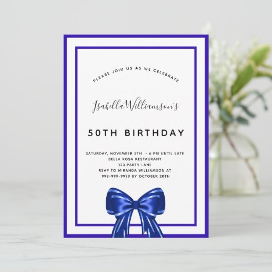 Birthday royal blue elegant bow script kaart (Staand voorkant)