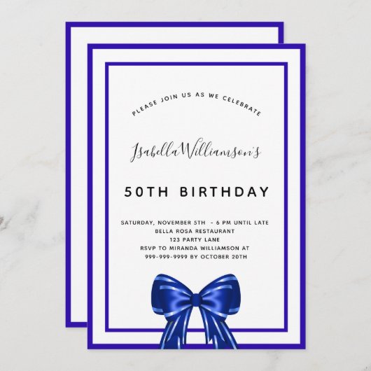 Birthday royal blue elegant bow script kaart (Voorkant / Achterkant)