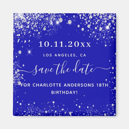 Birthday royal blue glitter save the date magnet (Voorkant)
