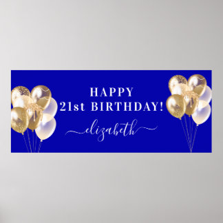 Birthday royal blue gold ballons name script poster