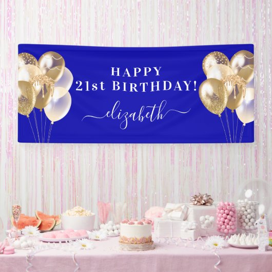 Birthday royal blue gold ballons name script spandoek (Feest)
