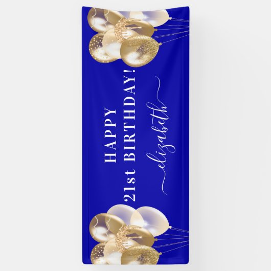 Birthday royal blue gold ballons name script spandoek (Verticaal)