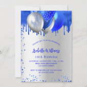 Birthday royal blue Silver ballon party Kaart (Voorkant)