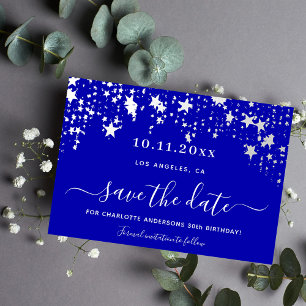 Birthday royal blue stars elegant script save the date