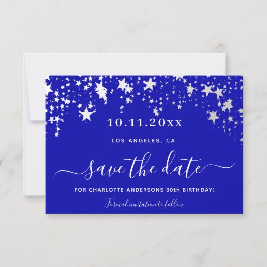 Birthday royal blue stars elegant script save the date (Voorkant)