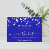 Birthday royal blue stars elegant script save the date (Staand voorkant)