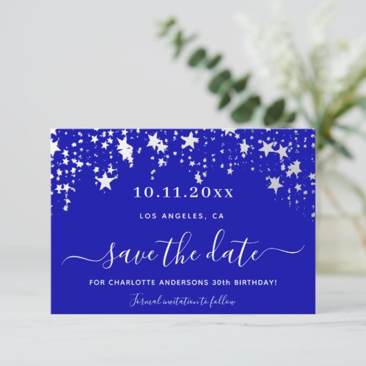 Birthday royal blue stars elegant script save the date (Staand voorkant)