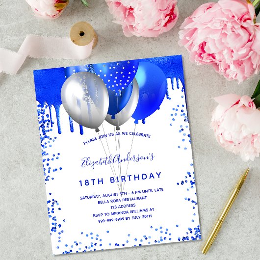 Birthday royal blue white budget uitnodiging flyer