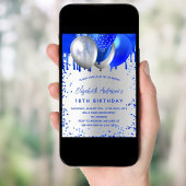 Birthday royal blue zilveren ballonnen kaart