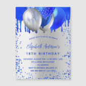 Birthday royal blue zilveren ballonnen luxe magnetische uitnodiging (Voorkant)