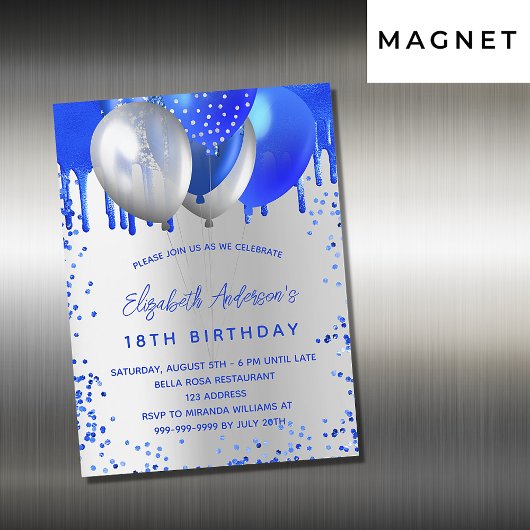 Birthday royal blue zilveren ballonnen luxe magnetische uitnodiging