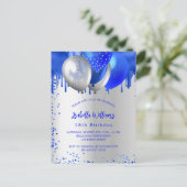 Birthday royal blue zilveren ballonnen uitnodiging briefkaart (Staand voorkant)
