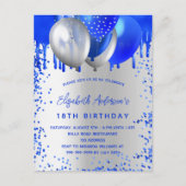Birthday royal blue zilveren ballonnen uitnodiging briefkaart (Voorkant)