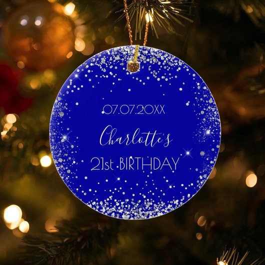 Birthday royal blue zilveren glitter sparters keramisch ornament