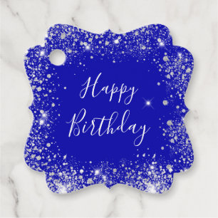 Birthday royal blue zilverglitter monogram bedankjes labels