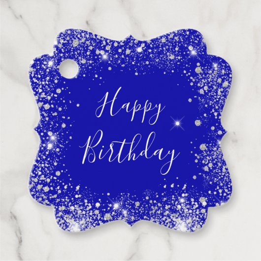 Birthday royal blue zilverglitter monogram bedankjes labels (Voorkant)