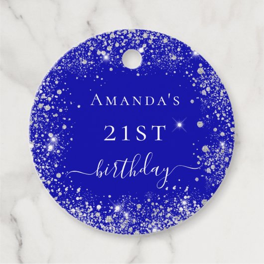 Birthday royal blue zilverglitter monogram bedankjes labels (Voorkant)