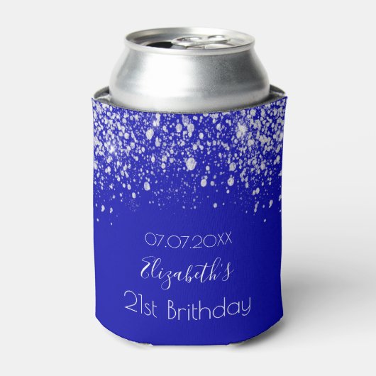 Birthday royal blue zilverglitter monogram blikjeskoeler (Blikje Voorkant)