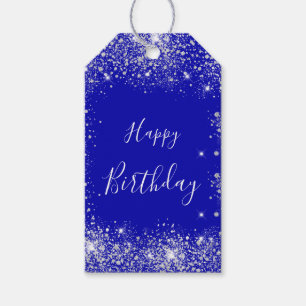 Birthday royal blue zilverglitter monogram cadeaulabel