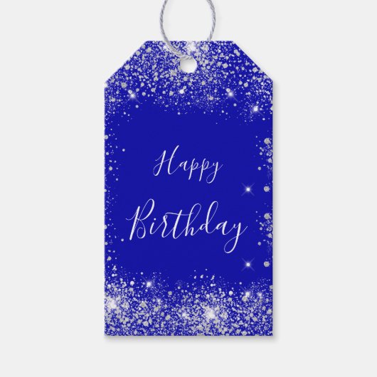 Birthday royal blue zilverglitter monogram cadeaulabel (Voorkant)