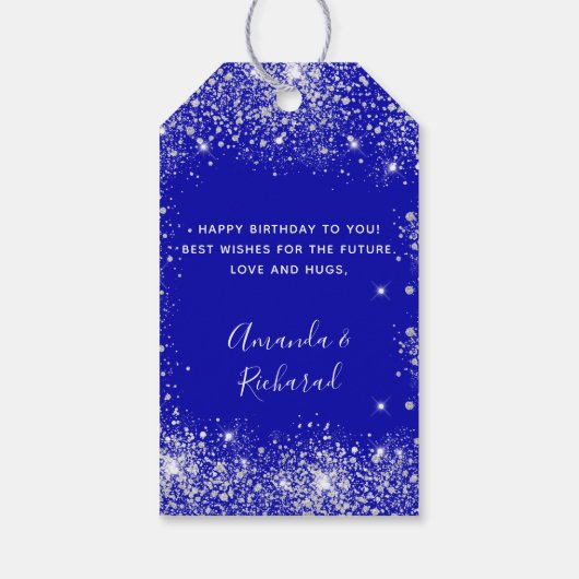 Birthday royal blue zilverglitter monogram cadeaulabel (Achterkant)