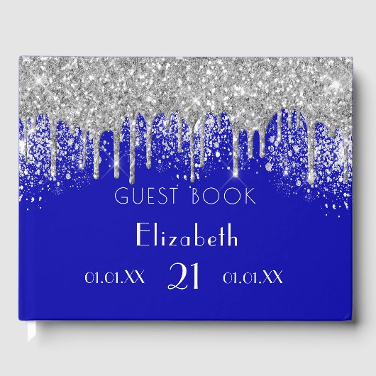 Birthday royal blue zilverglitter monogram gastenboek (Voorkant)