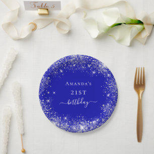 Birthday royal blue zilverglitter monogram papieren bordje