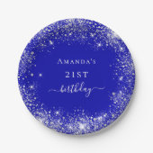 Birthday royal blue zilverglitter monogram papieren bordje (Voorkant)