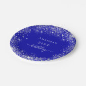Birthday royal blue zilverglitter monogram papieren bordje (Gekanteld)