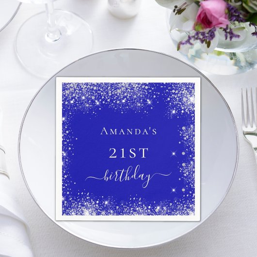 Birthday royal blue zilverglitter monogram servet
