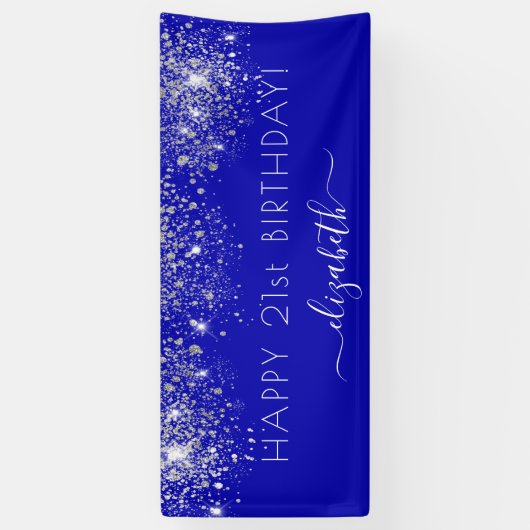 Birthday royal blue zilverglitter monogram spandoek (Verticaal)