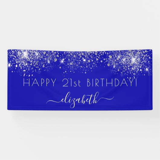 Birthday royal blue zilverglitter monogram spandoek (Horizontaal)