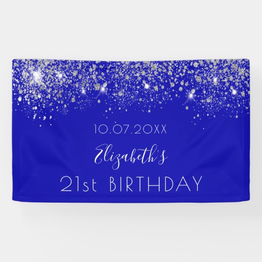 Birthday royal blue zilverglitter monogram spandoek (Horizontaal)