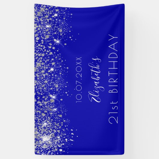 Birthday royal blue zilverglitter monogram spandoek (Verticaal)