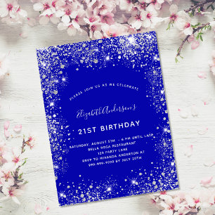 Birthday royal blue zilverglitter stofglazuur uitnodiging briefkaart