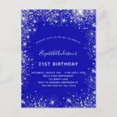Birthday royal blue zilverglitter stofglazuur uitnodiging briefkaart (Voorkant)
