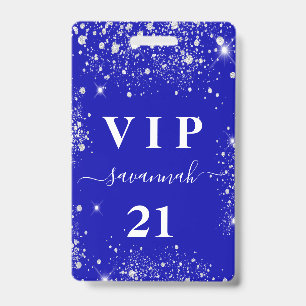 Birthday royal blue zilverglitter vip uitnodiging badge